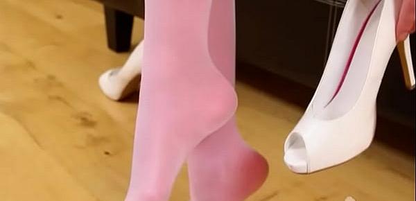  Sexy pink nylon stockings and hot beauty